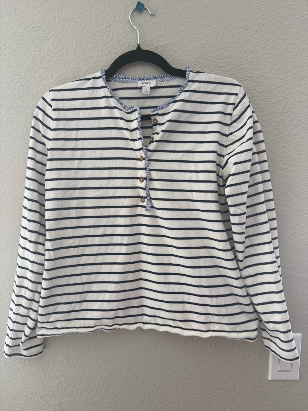 J. Crew Navy & White Striped Long-Sleeve Henley Top Blue Gingham Hem Size M - Picture 4 of 12